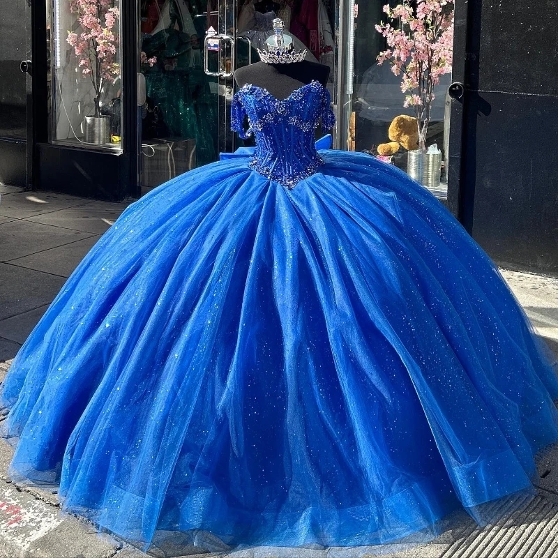 Royal Blue Shiny Quinceanera Dresses Beads Crystal Bow Tull Ball Gowns Vestidos De 15 Anos Off Shoulder Party Birthday Sweet 16 Dress