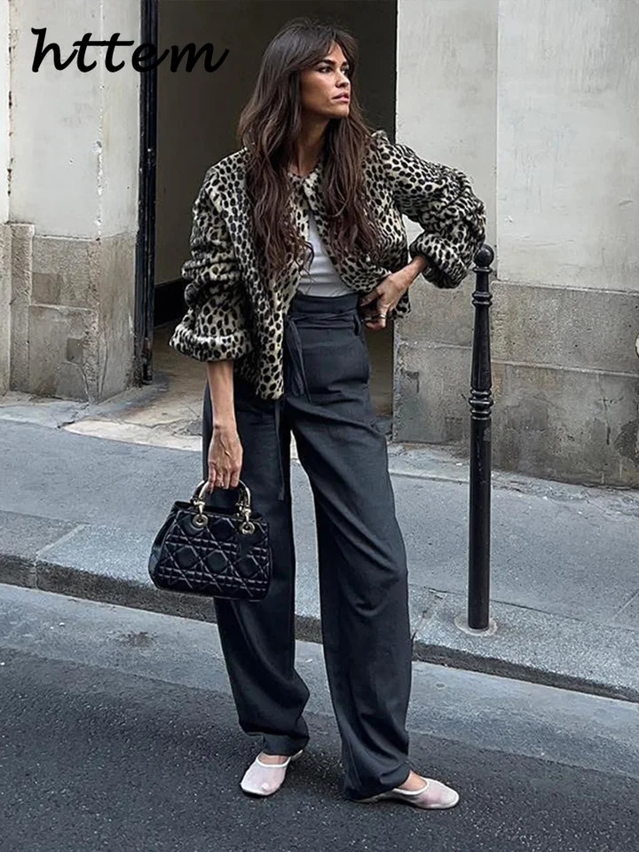 Elegant leopard print womens wool coat loose O-neck long sleeved womens jacket autumn womens retro streetwear 241007