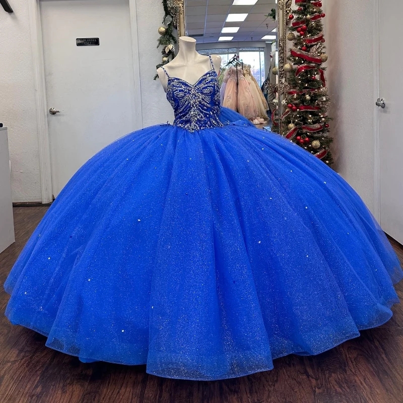 Royal Blue Shiny Princess Ball Gown Quinceanera Dresses Spaghetti Strap Beads Crystal Tull Vestido De 15 Anos Sweet 16th Prom Party Dress