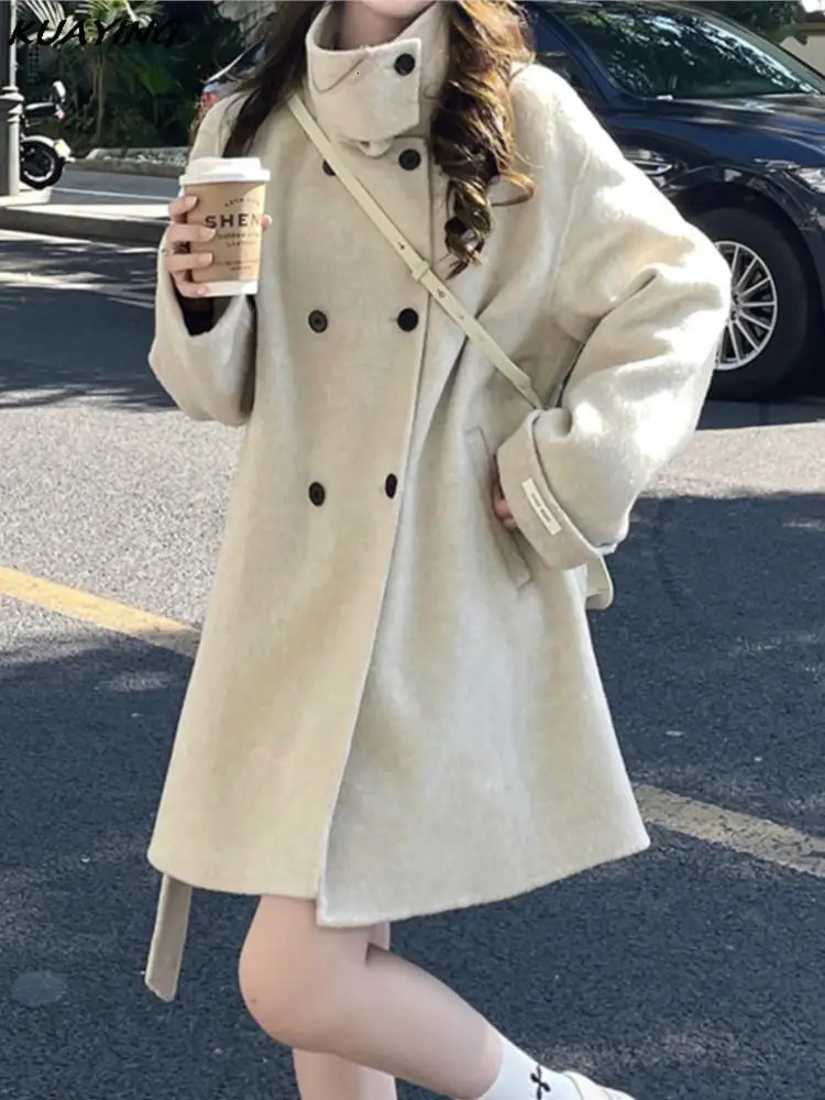 Autumn Winter Double Breasted Woolen Coat Female Casual Stand Collar Warm Outerwear Wearcoats Loose Commuting Wool Jacket 240930