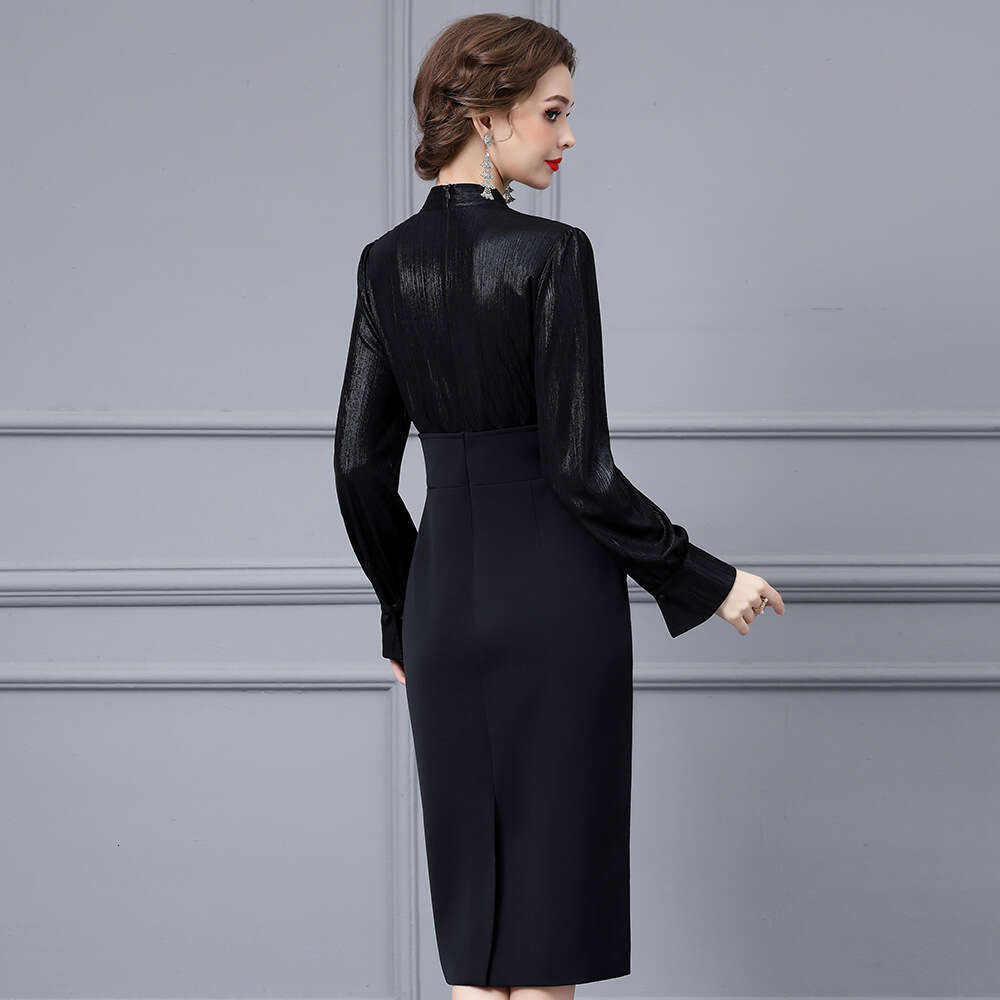 autumn fashion outfit high waist slimming elegant temperament feminine black patchwork dress 2024 new item