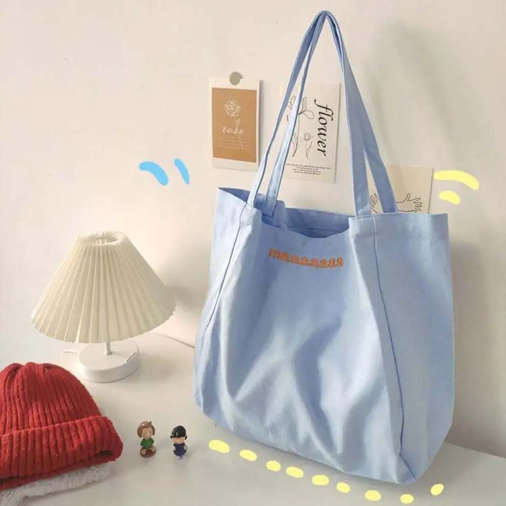 Letter Embroidery candy colored canvas bag Korean style large capacity vacation handbag lightweight and environmentally friendly solid color shoulder 