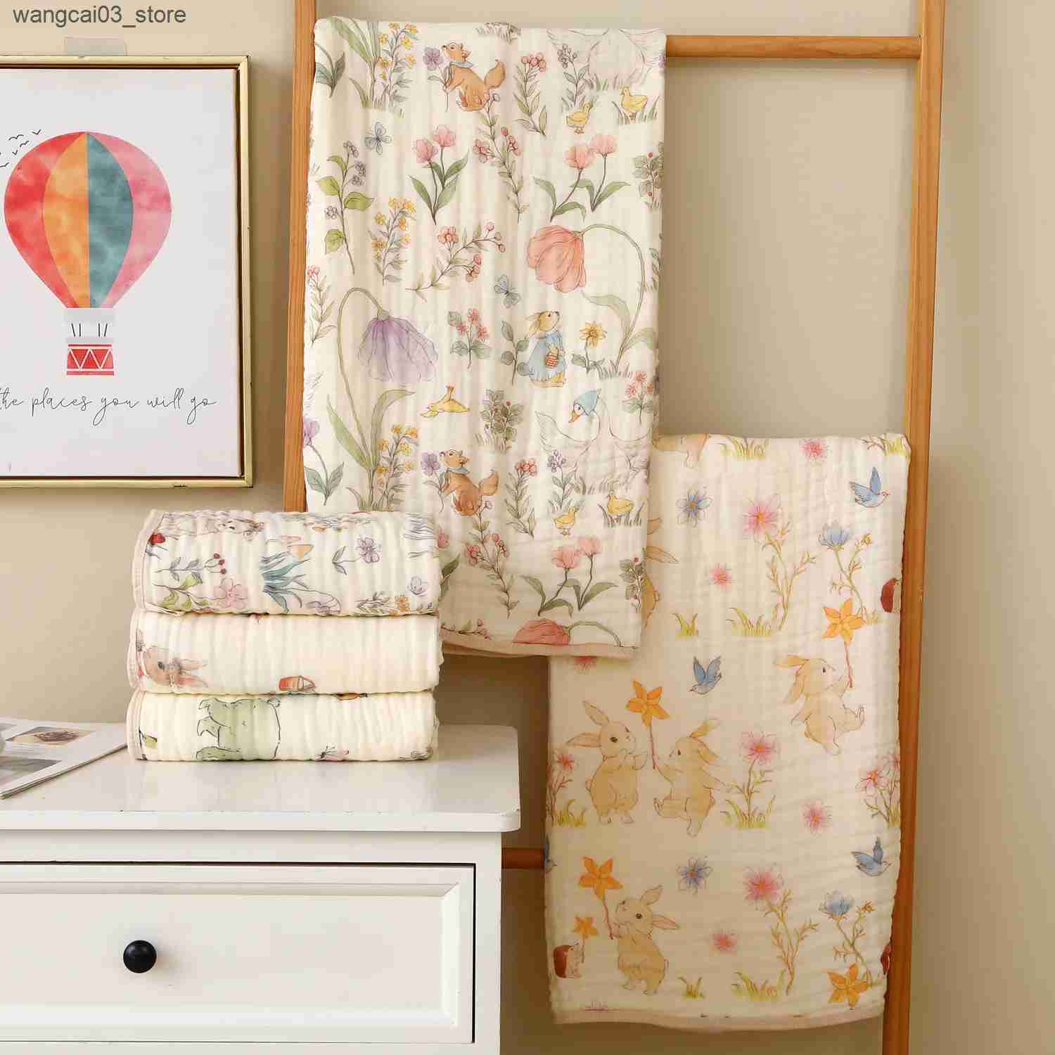 Blankets Swaddling Double Crepe Baby Newborn Muslin Cotton Gauze Quilt Print Swaddle Blanket Kids Bedding Stroller Cover L240910 L0910