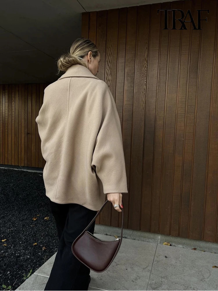 TRAF Womens Fashion Single Breasted Jacket Casual Vintage Long Sleeve Lapel Coat Autumn and Winter Khaki Wool Bat 241008