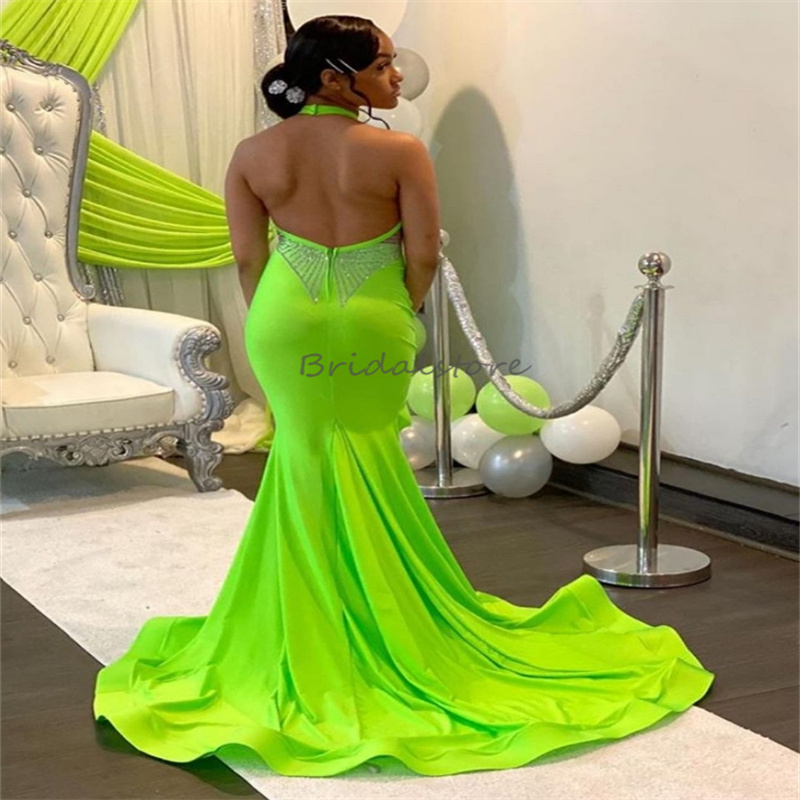 Bright Green Black Girls Prom Dresses With Slit Halter Sexy Backless Mermaid Evening Dress Sequin African Dance Formal Party Gown Robe De Soiree Birth