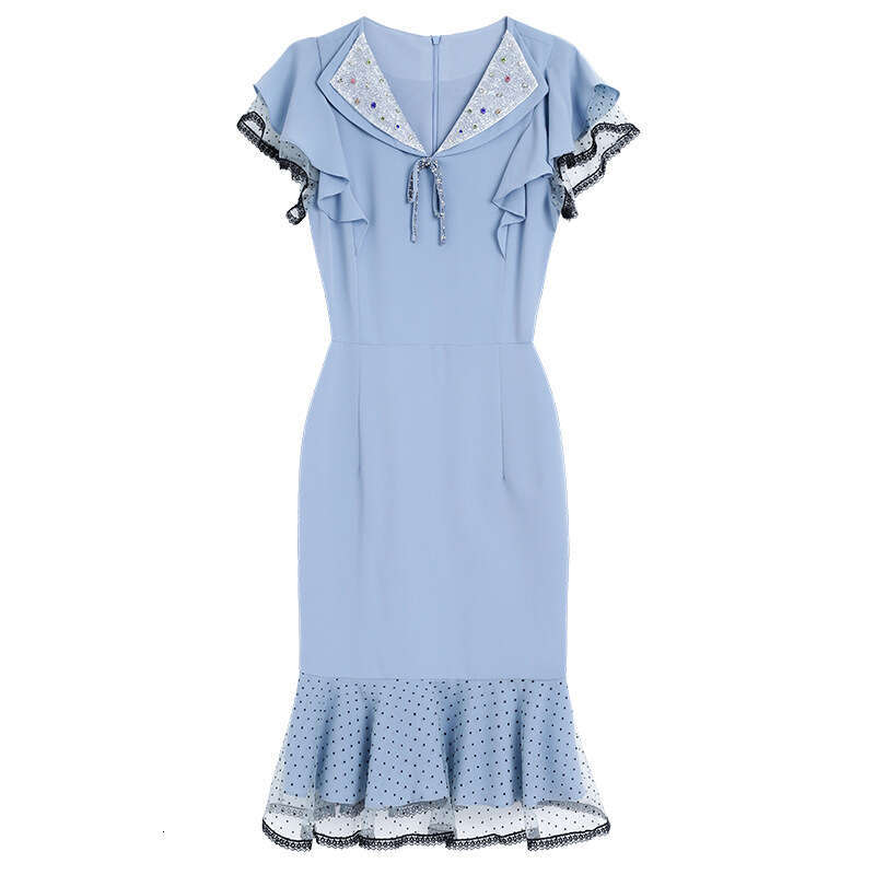 Hepburn dress for womens summer 2024 new style V-neck bow nail diamond lotus leaf short sleeved high waisted fishtail skirt