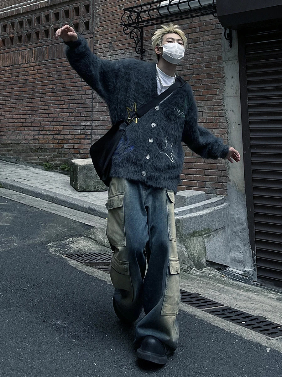 Reddachic mens embroidered star Mohair cardigan sweater retro Y2k V-neck button up long sleeved knitted jacket casual winter clothing 241007