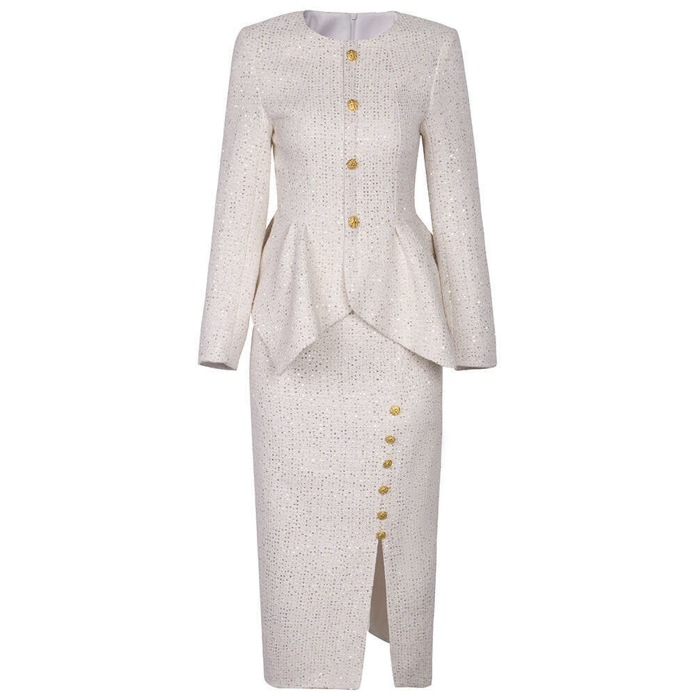 Lady Autumn Set Womens High End Lotus Edge Sparkle Short Top Split Half Skirt Two Piece Set