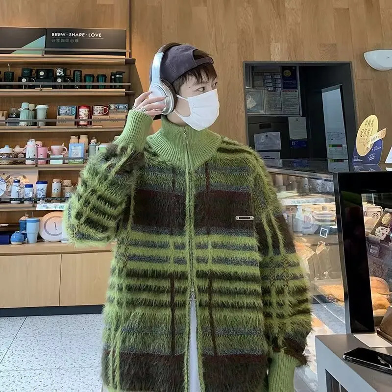 Mens striped cardigan sweater retro casual button knit Korean fashion street bag Y2K sweater cardigan jacket 241007