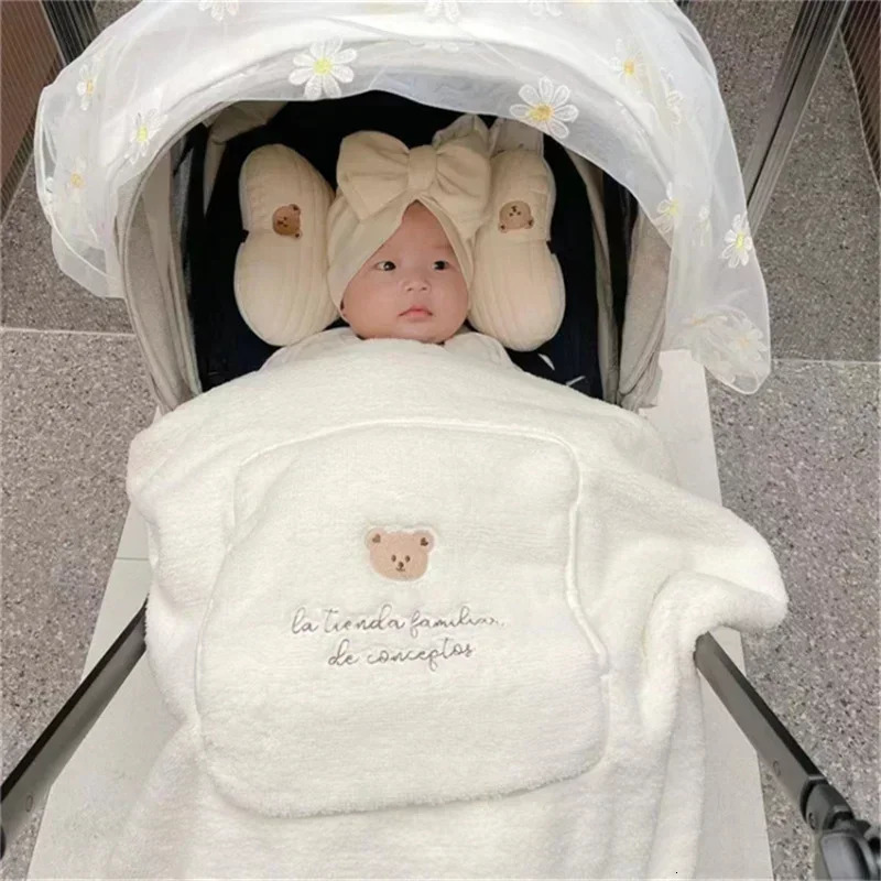 Coral fleece baby stroller cover embroidered bear rabbit winter windproof childrens blanket baby nap blanket warm bedding 240925