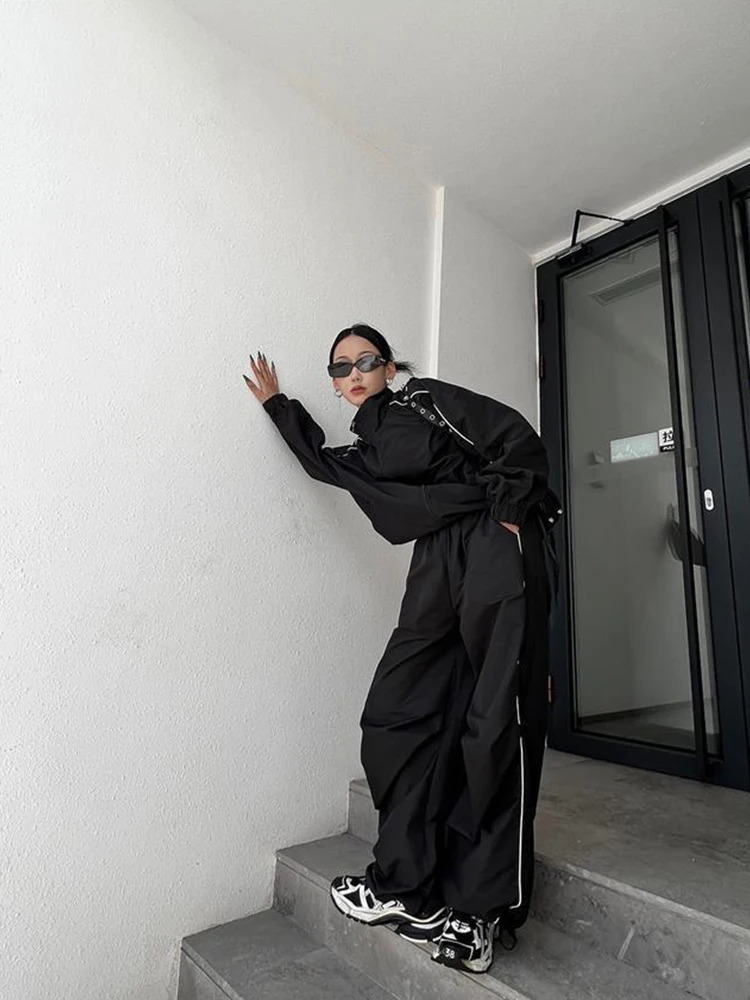 HOUZHOU Sports Two piece Suit Womens High Street Sport Track Jacket Loose Sports Pants Womens Outdoor Jogger Tracksuit Womens 241010