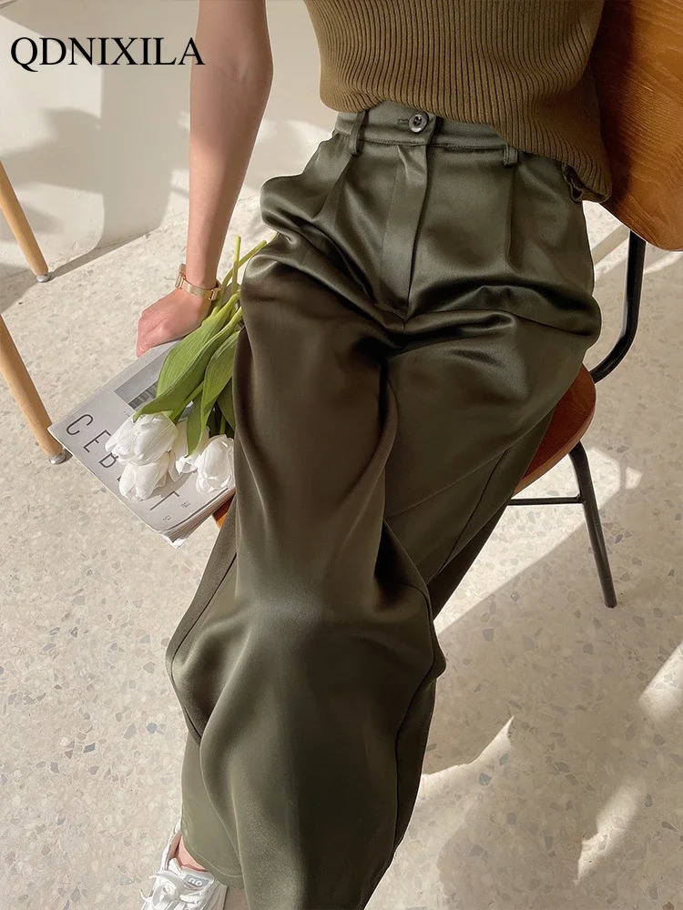 Ice silk Satin Womens Pants Wide Leg High Waist Casual Black Korean Fashion 2024 Spring Summer Suit for Women Trousers 241007