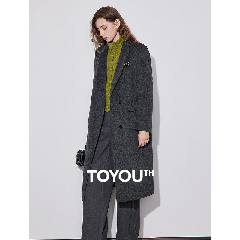 TOYOUTH Women Coat 2024 Autumn Winter 100 Wool Lapel Collar Double Sided Woolen Gray 240930