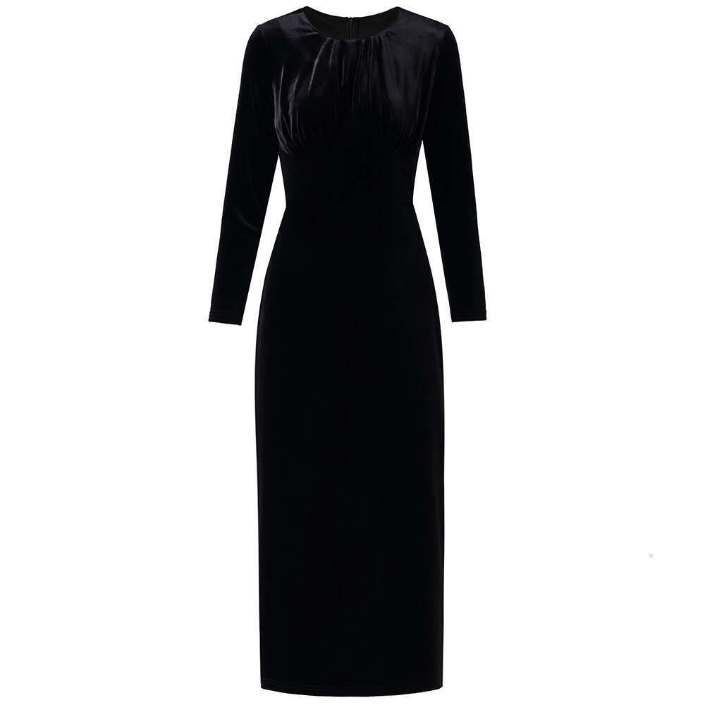 Light Luxury Velvet 2024 Autumn New High Waist Slim Long Sleeve Noble Wide Lady Dress