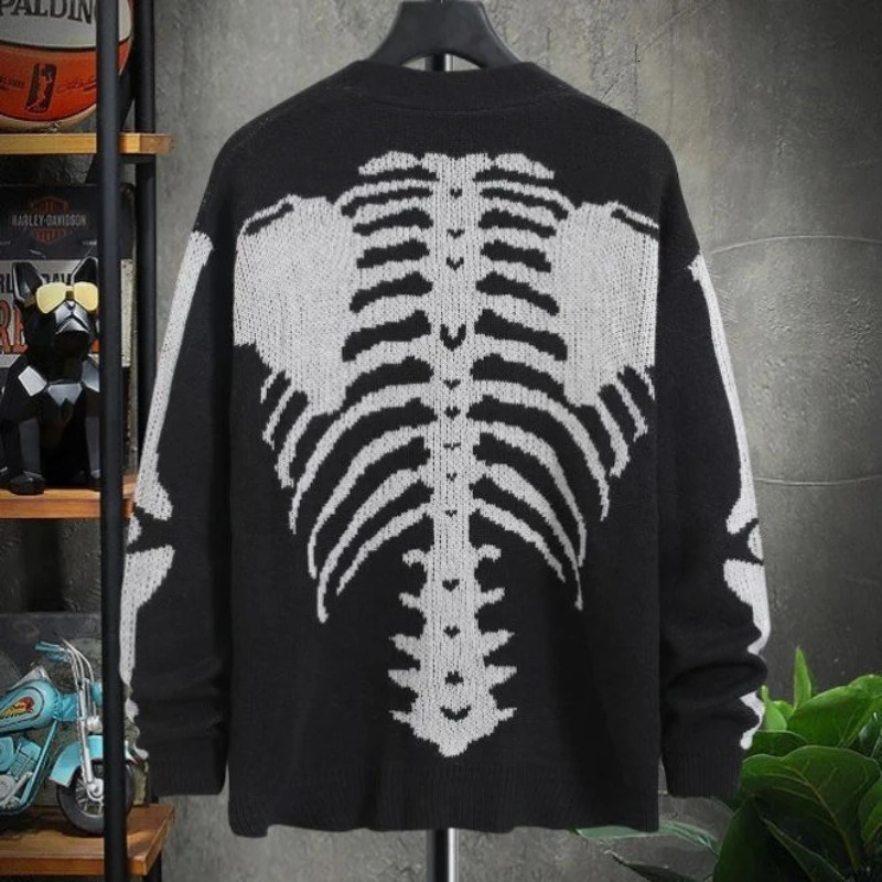 Harajuku Autumn Mens Halloween Skull Print Long Sleeve Open Collar V-neck Button Down Jacket y2k Retro Sweater Ins 241007
