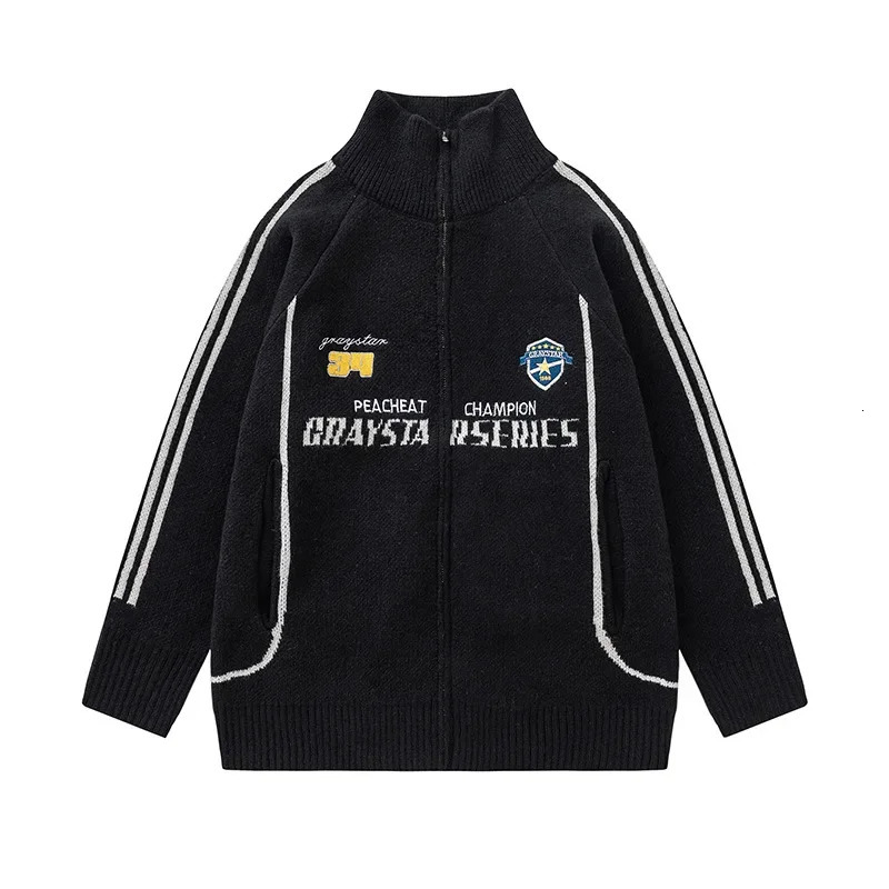 American style casual knitted cardigan zipper sweater mens autumn standing collar simple paradigm letter jacquard couple jacket 241007