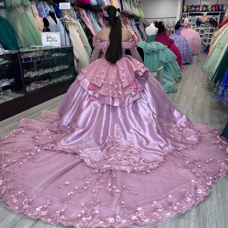 Pink Sparkly Princess Quinceanera Dresses Floral Applique Lace Beads Corset Vestidos De 15 Anos Party Birthday Lace Up Sweet 16 Dress