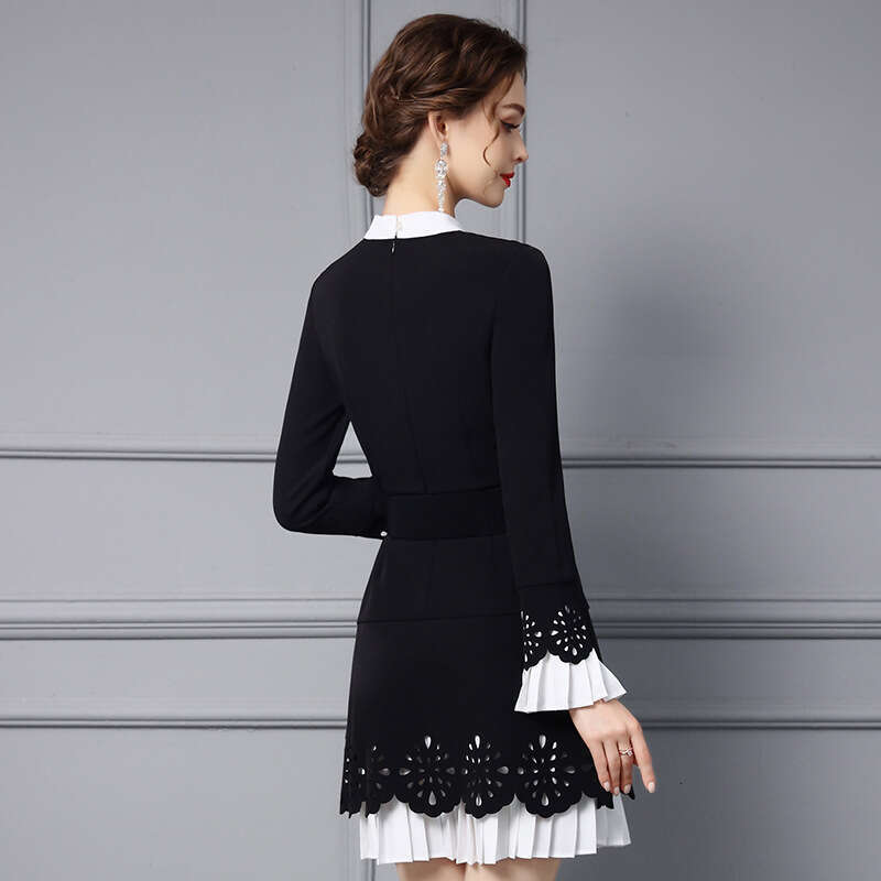 Black Dress 2024 Autumn New Long Sleeve Fake Two Piece Small Height Show High Waist Ruffle Edge Skirt
