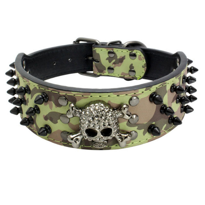 Dog Collar 3 Rows Bullet Rivets Studded PU Leather - Cool Skull Pet Accessories for Medium and Large Dogs