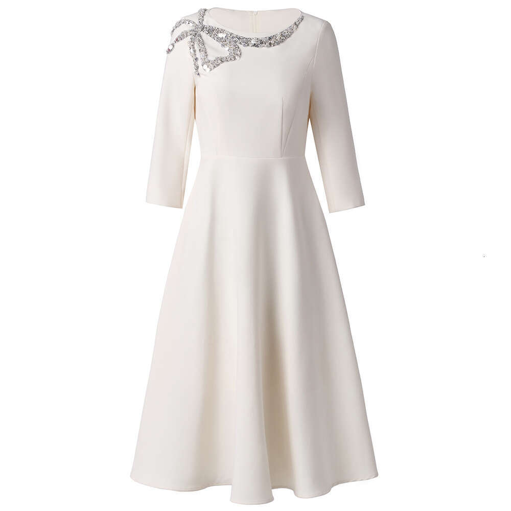 Heavy Industry hot stamping diamond high-end luxury temperament high waist slimming pink A-line dress 2024 new womens autumn