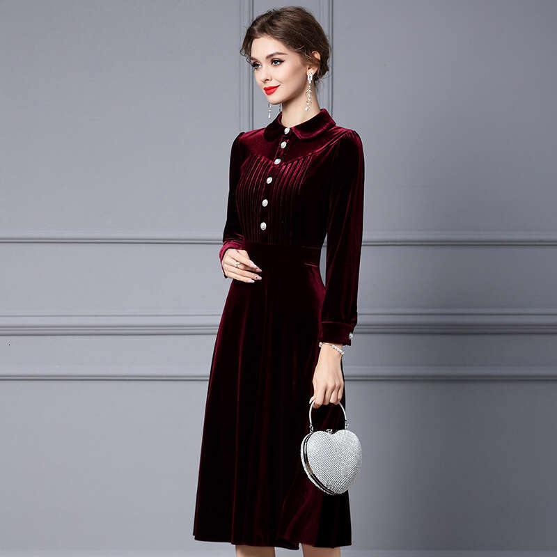 Autumn Dress 2024 New Item Doll Neck Gold Velvet Aging Medium to Long Type A with Coat Skirt