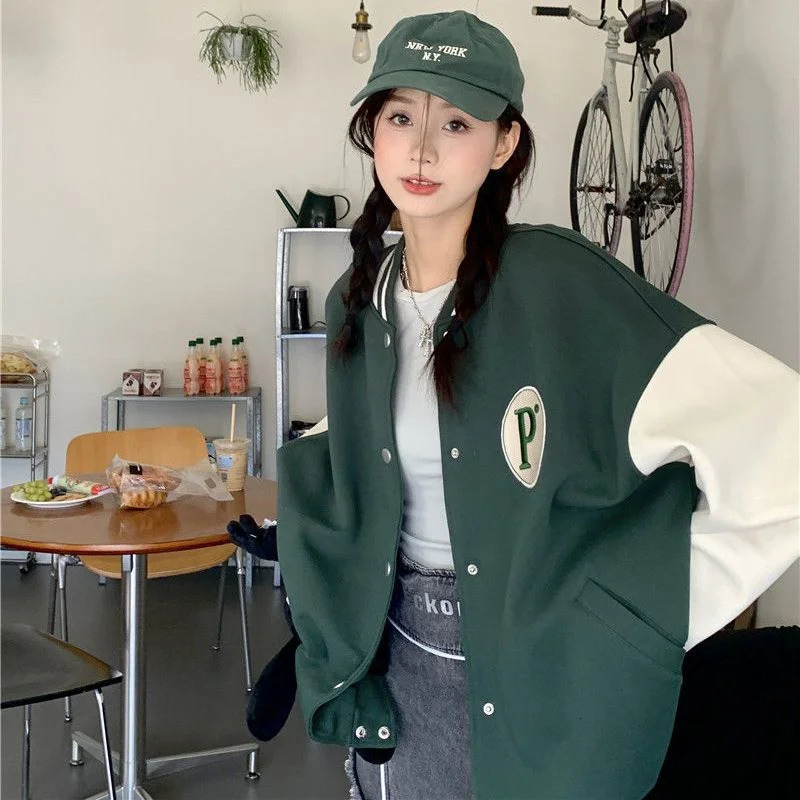 Korean Style College Varsity Jackets Green Bomber Coats Streetwear Couple Loose Harajuku Baseball Jacket Women Oversize 241011