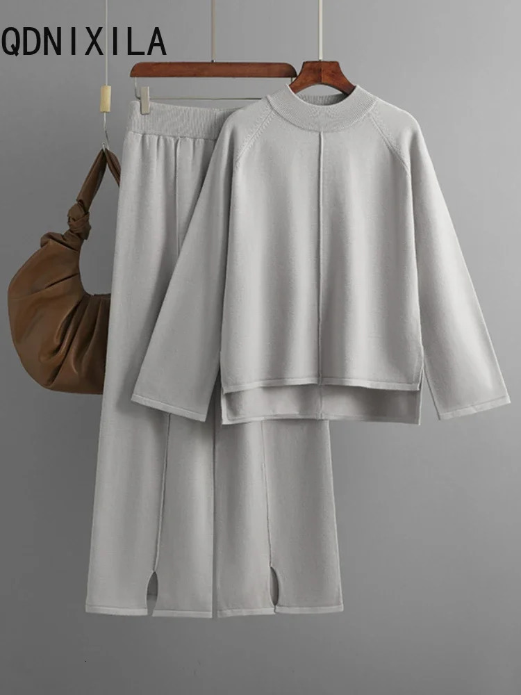 2-piece womens winter casual knitted track suit O-neck split sweater wide leg pants set womens knitted two-piece set 241010