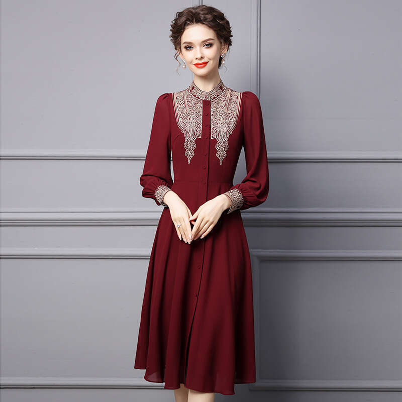 2024 Autumn New Dress Pear shaped Body Stand up Collar Embroidered to Cover the Stomach and Look Thin Long Sleeve Medium length Skirt