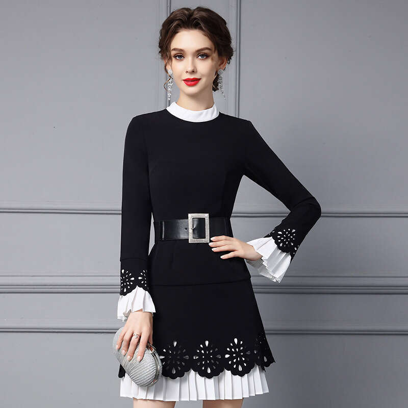 Black Dress 2024 Autumn New Long Sleeve Fake Two Piece Small Height Show High Waist Ruffle Edge Skirt