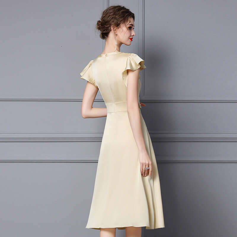 Smart and gentle style dress with short sleeves medium to long length yellow belt slimming A-line skirt 2024 summer new item