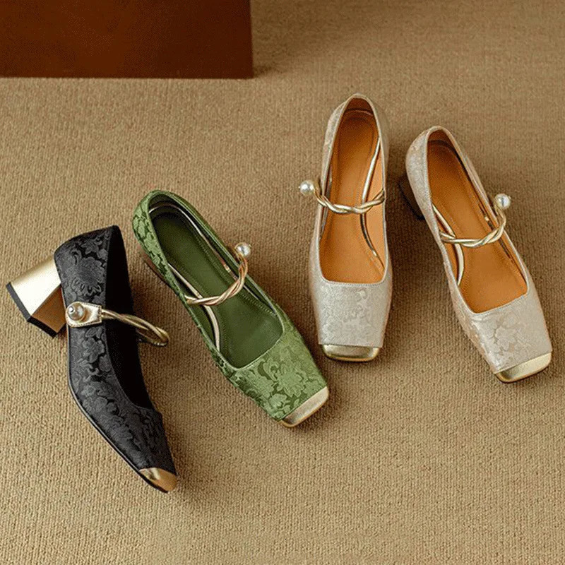 Block Heels For Women Pumps Square Toe 2024 Comfortable High-Heeled Shoes Sandals Ladies Mary Jane Chunky Straps Retro Leather L 241010