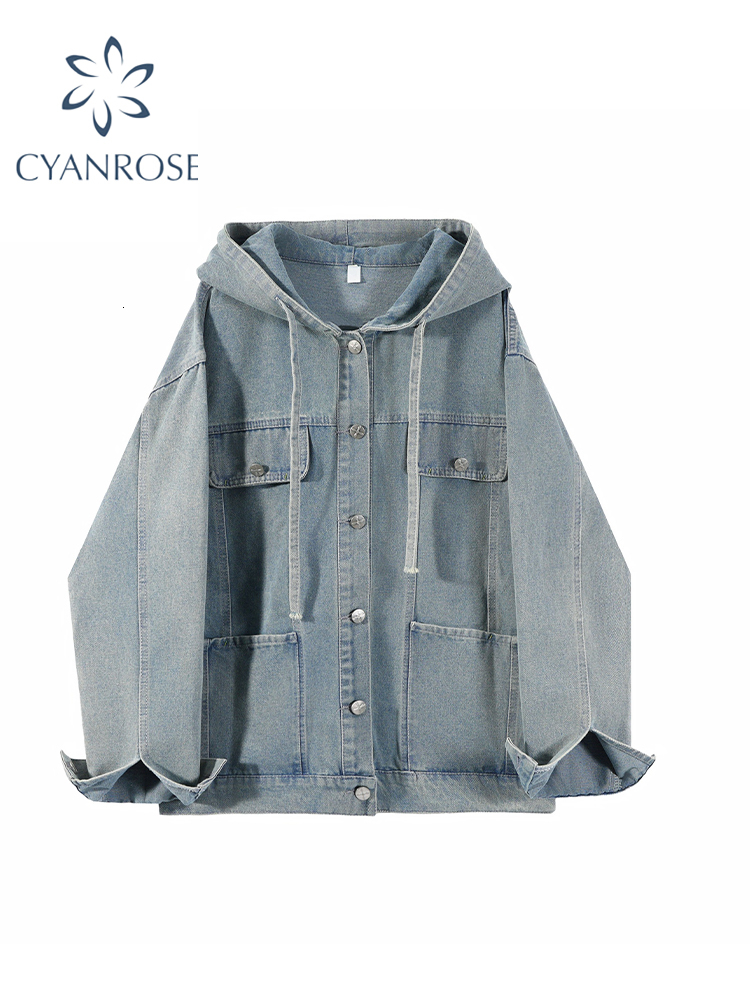 Women Light Blue Denim Vintage Fashion Hoodies Long Sleeve Jean Jacket Outerwear Loose Haruku Korean Top 2000S Clothes