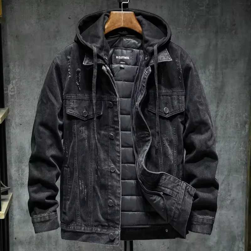 Winter new thick lined warm mens black hooded denim jacket with cotton lining and thick jacket denim jacket W241011