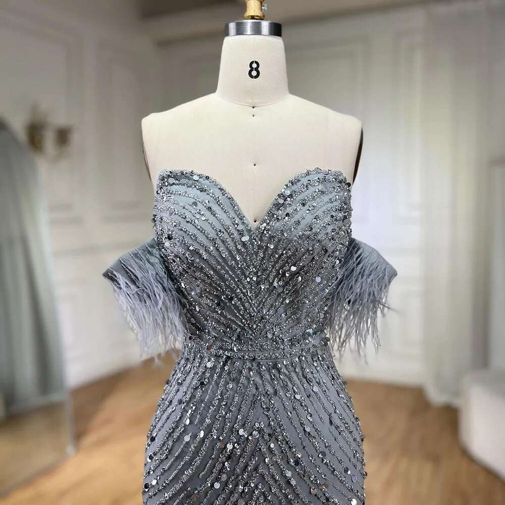 Wasisi Green Mermaid High Split Spaghetti Strap Evening Dresses Feather Beaded Gowns For Women Party ELA72238