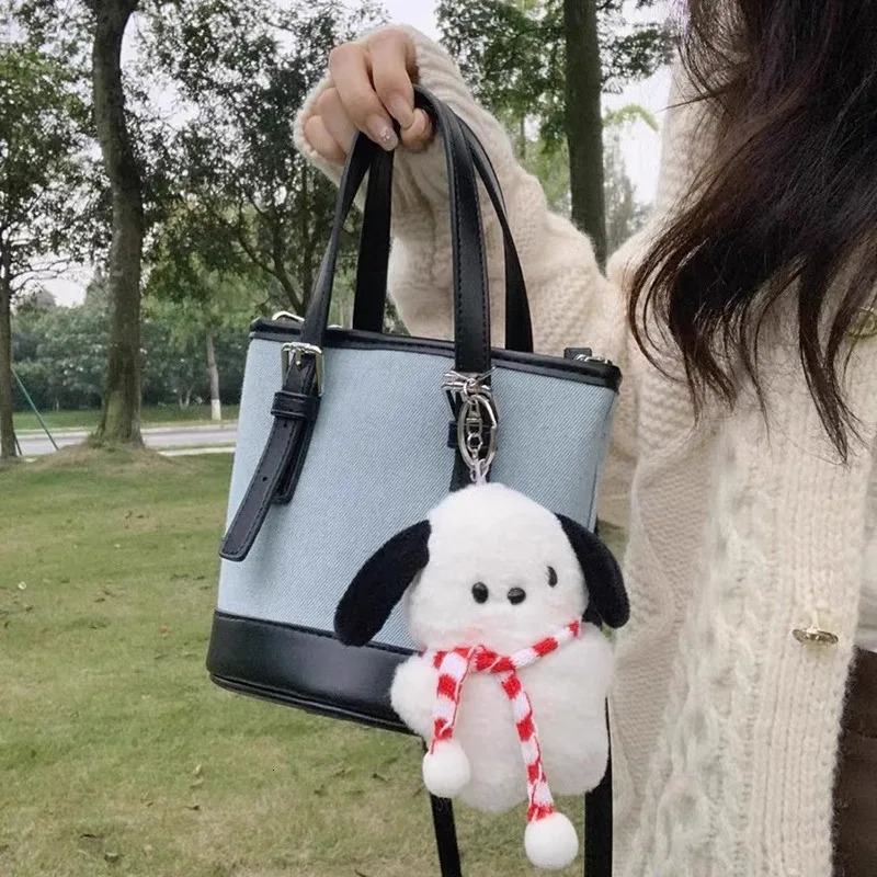 Small custom denim splicing bucket bag autumn and winter Korean version handheld shoulder bag horizontal womens bag 241008