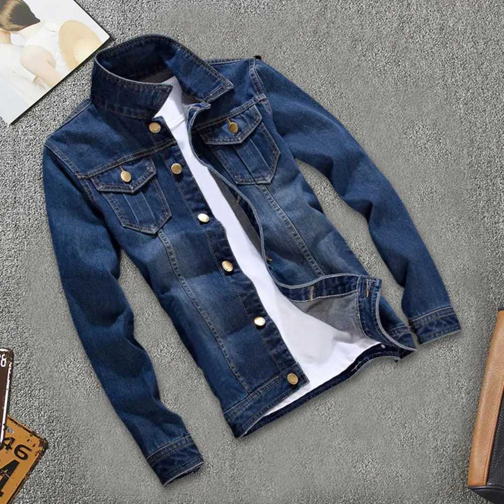Mens denim jacket single chest retro streetwear collar button up denim jacket mens denim jacket W241011