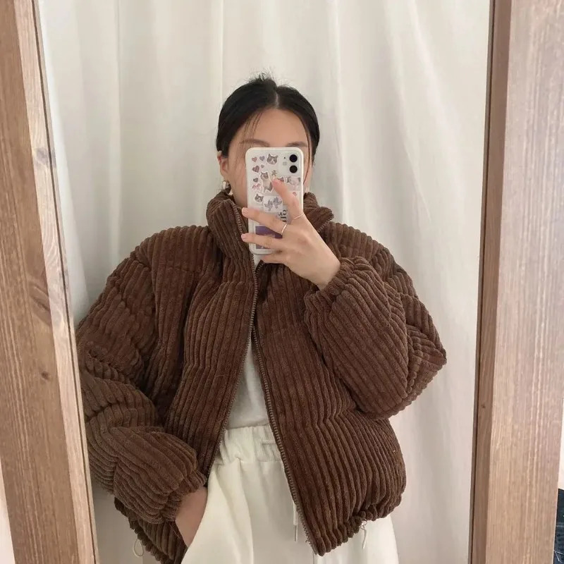 Winter Crop Corduroy Jacket Women Korean Chic Fashion Parka Femme Thick Warm Bubble Coats Cotton Parkas 240930