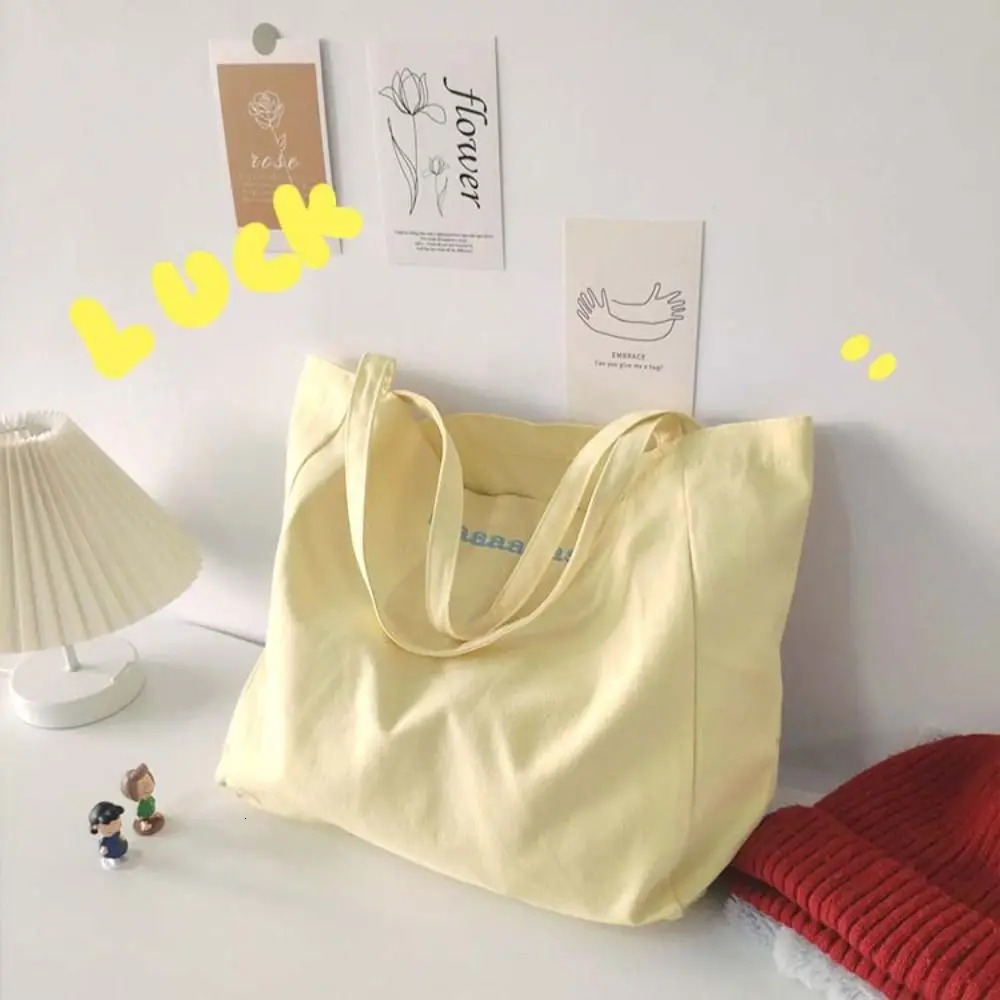 Letter Embroidery candy colored canvas bag Korean style large capacity vacation handbag lightweight and environmentally friendly solid color shoulder 