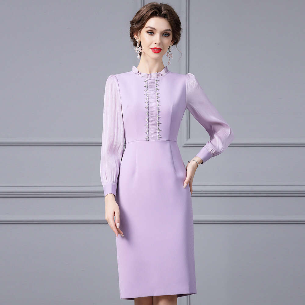 Purple High end Light Luxury Dress 2024 New Black Ear Collar Western Goddess Style Texture Bag Hip Skirt Autumn