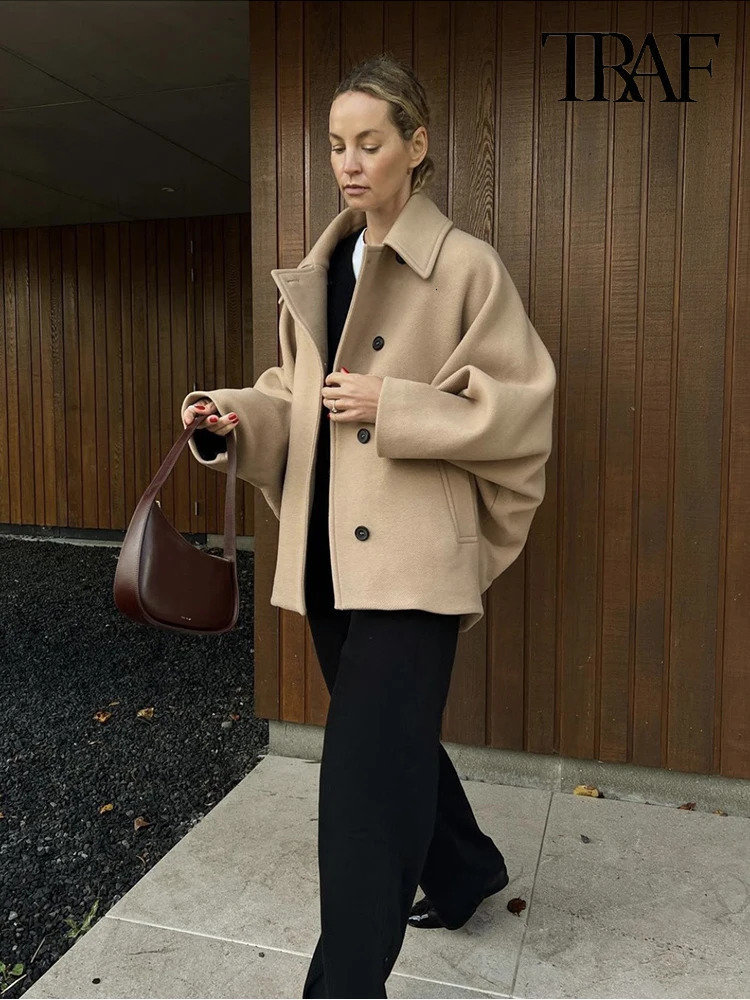 TRAF Womens Fashion Single Breasted Jacket Casual Vintage Long Sleeve Lapel Coat Autumn and Winter Khaki Wool Bat 241008