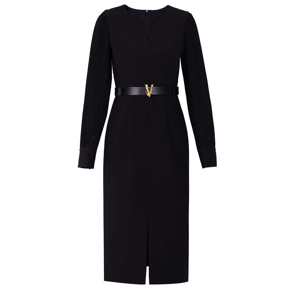 Smart and stylish commuting pleated patchwork long sleeved waist cinched lace up dress with wrapped buttocks high-end brand 2024 autumn new item