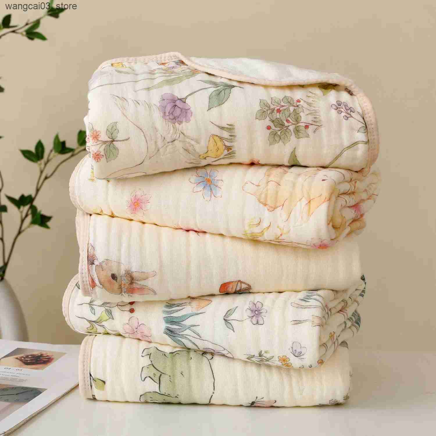Blankets Swaddling Double Crepe Baby Newborn Muslin Cotton Gauze Quilt Print Swaddle Blanket Kids Bedding Stroller Cover L240910 L0910
