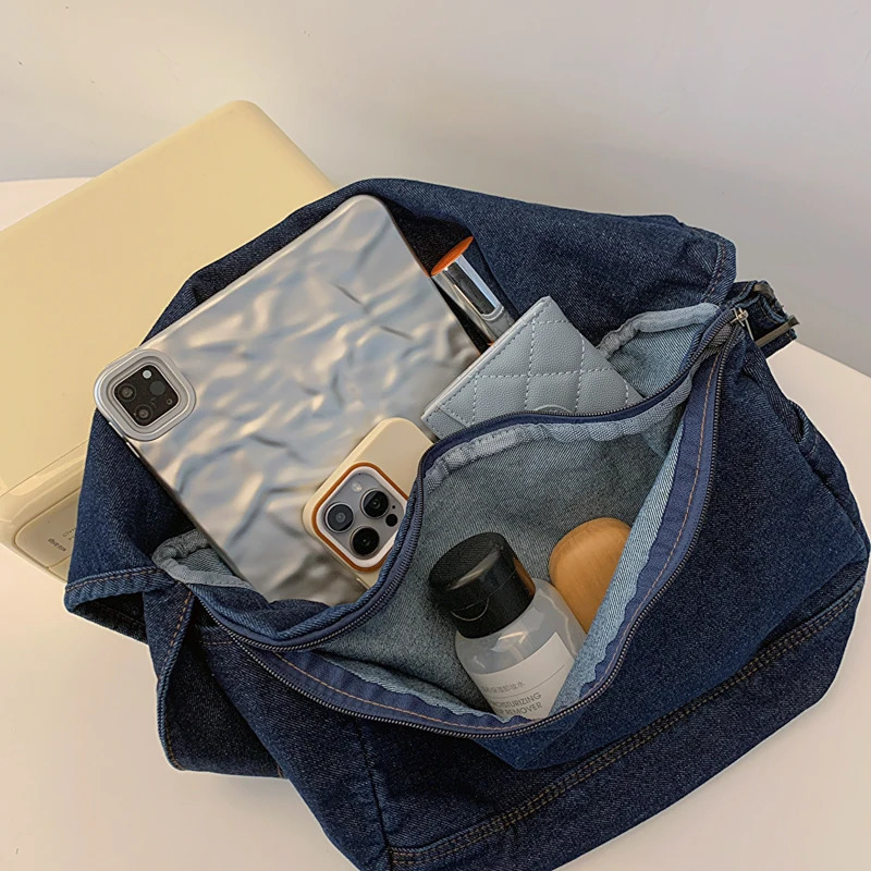 Neutral blue denim shoulder bag large capacity canvas casual cross body bag pure cotton bag pure cotton bag 241008