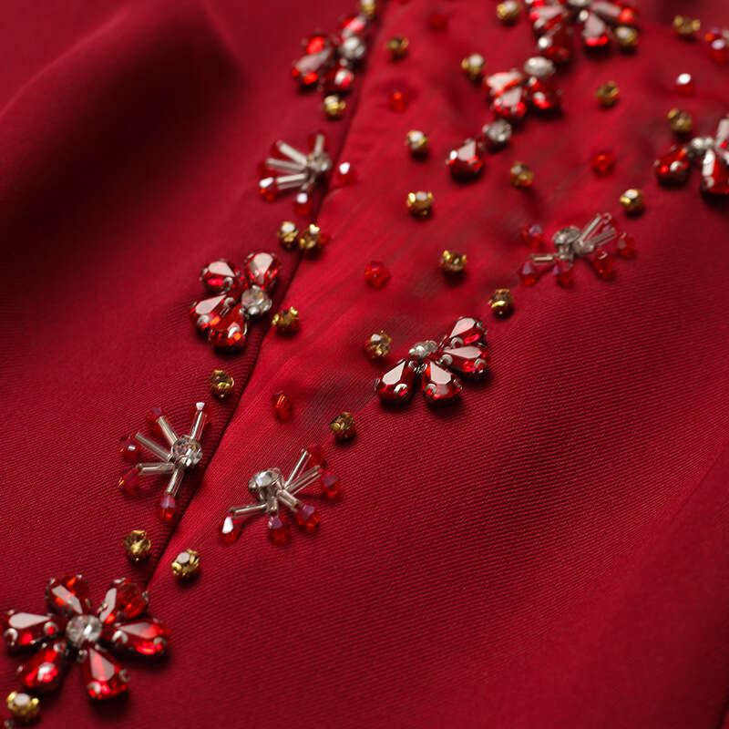 Red Dress Autumn New Collection 2024 High end Nail Diamond Formal Occasion Knee Over Hip Wrap Skirt