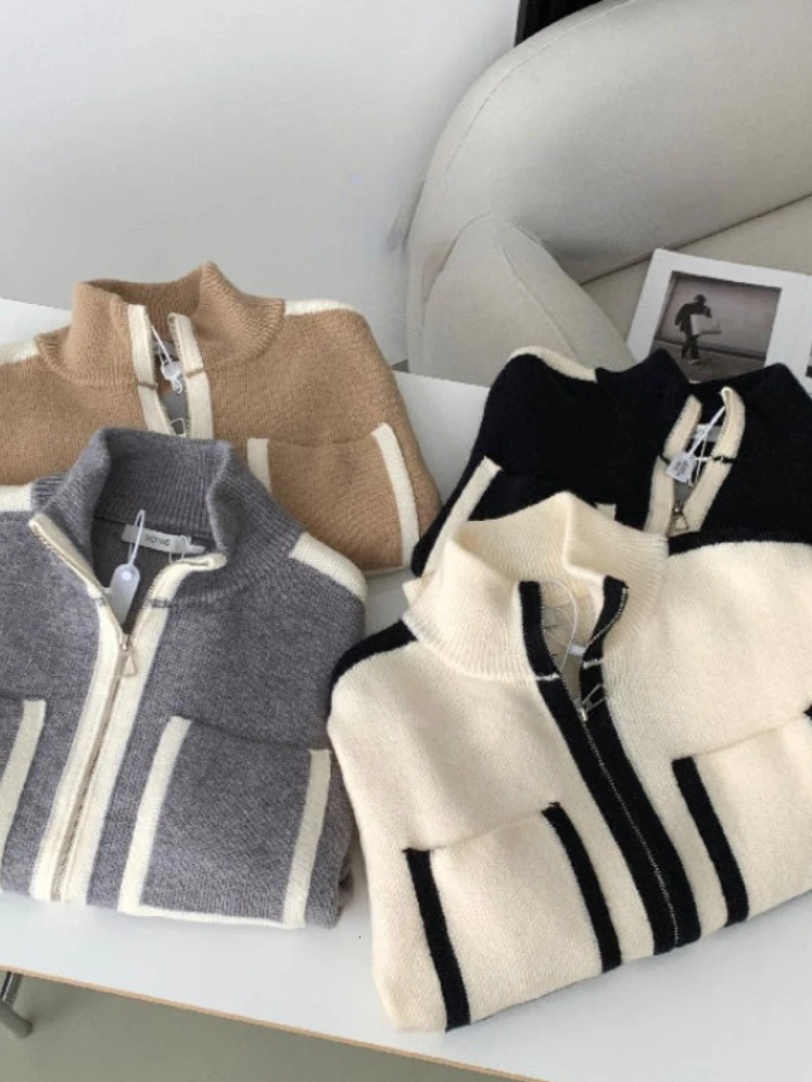 Y2k Elegant Casual Knitted Chic Jumpers Double Zipper Pockets Tender Cardigan Sweet Loose Stand Neck Sweaters Japanese 241009