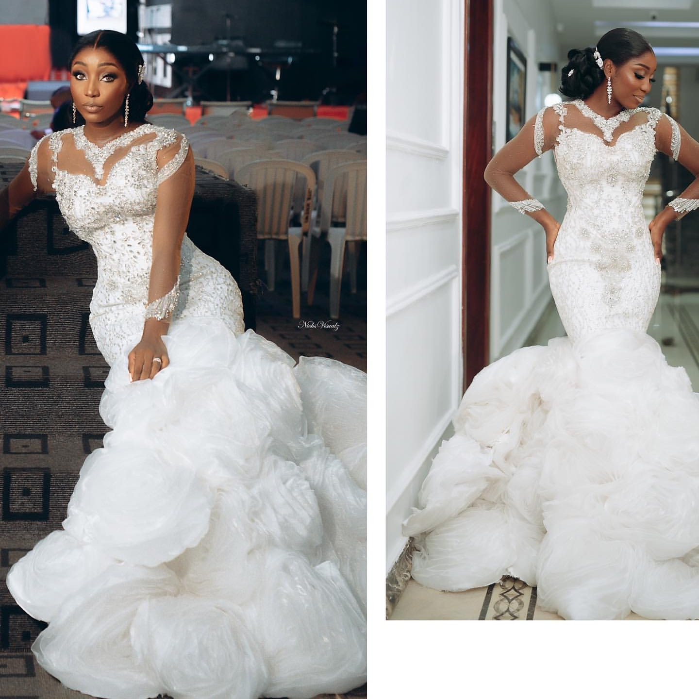 2024 Arabic Aso Ebi Plus Size Off White Mermaid Wedding Dresses Rhinestones Lace Full Sleeves Vintage Elegant Bridal Gowns Dress ZJ303