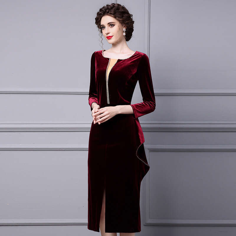 Golden Velvet Dress for Womens Autumn 2024 New Collection: Nail Diamond Lotus Leaf Edge Length Bottom Long Sleeve Hip Wrapping Skirt