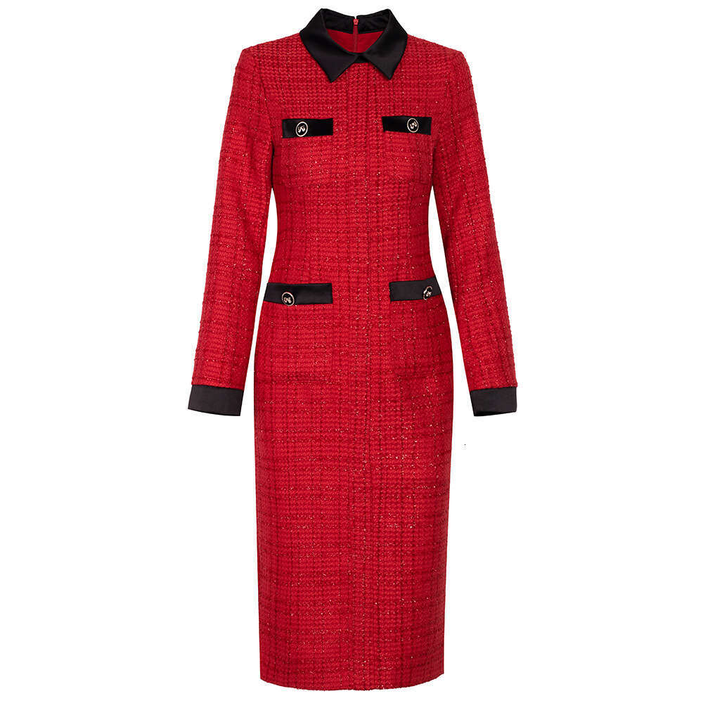 Red Coarse Floral Bun Hip Skirt 2024 Autumn New High end socialite Style Show Body Collar Dress