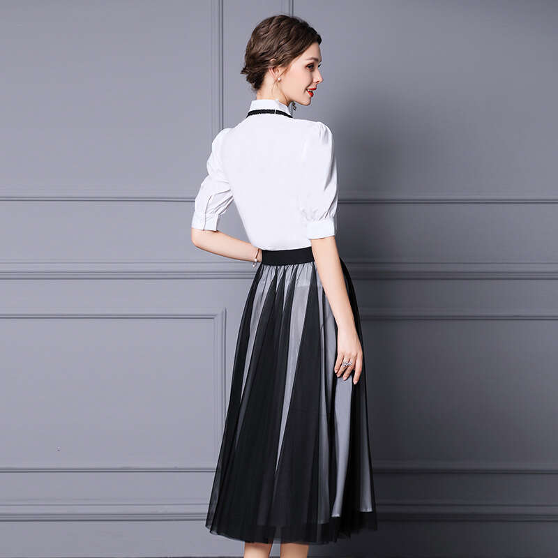 Academy Style 2024 New Summer Dress Tie White Shirt Mesh Contrast Medium length Skirt Two piece Set