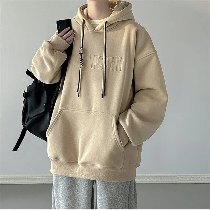 Letter Embossing Mens Hooded Sweatshirt Autumn High Street Fleece Pullover Hoodies Y2K Vintage Hoody Tracksuit 241011